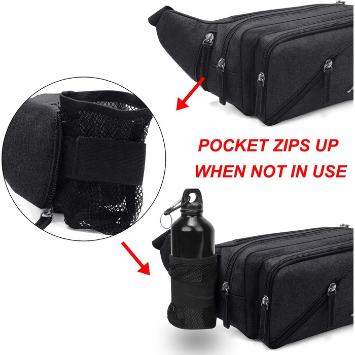 Чоловіча та жіноча поясна сумка на пояс, водонепроникна, з тримачем для пляшки, для туризму, прогулянок з собакою, активного відпочинку (Чорний)