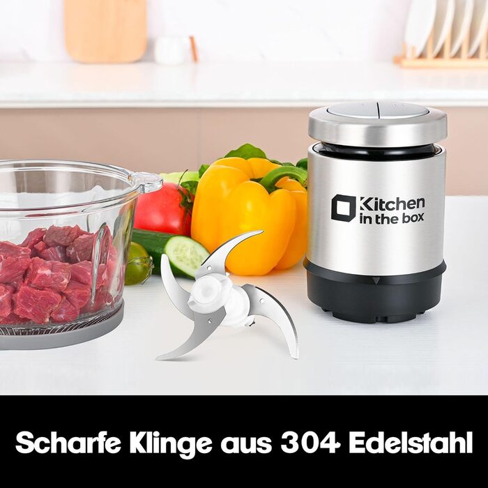 Електричний подрібнювач Zerkleinerer Kitchen in the Box 400W зі скляною (1л) та сталевою (2л) чашами для м'яса, овочів, фруктів та дитячого харчування, сріблястий