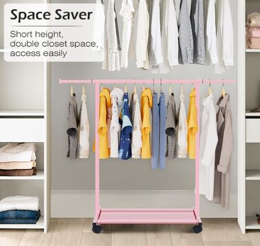 MISSLO Small Clothes Rack for Hanging Clothes, Garment Rod Rolling Stable for Kids, Toddler, Baby, Little Girls, Adults (Pink)