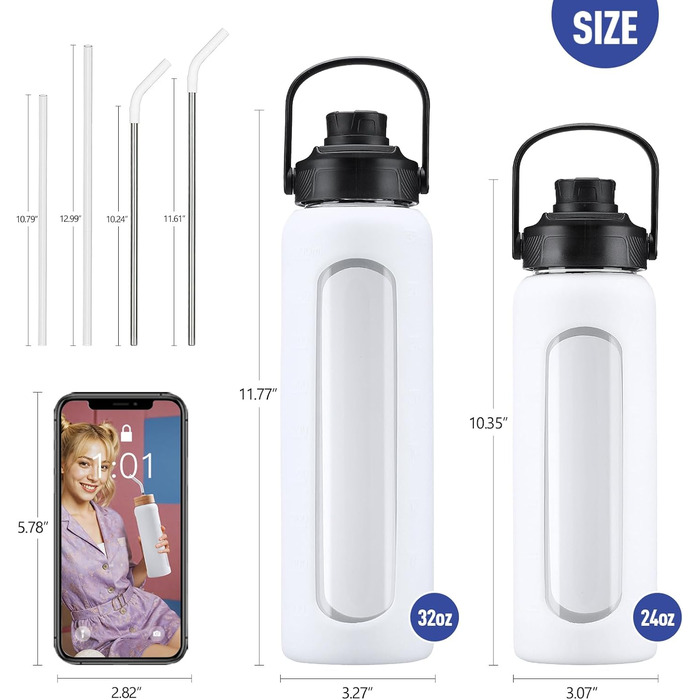 BLUEGO Glass Water Bottle - Sports Water Bottle with 2 Lids and Straw. Leak-proof glass bottle with time marker and measuring scale. BPA-free, (White, 900 ml)