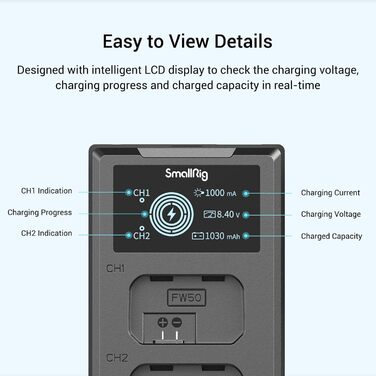 SMALLRIG Запасні акумулятори для Sony NP-FW50 (2 шт.) з LCD-дисплеєм та зарядним пристроєм. Сумісні з Sony ZV-E10, A6300, A6400, A6500, A7 II, A7R II, A7S, A7S II, A7R, RX10 III