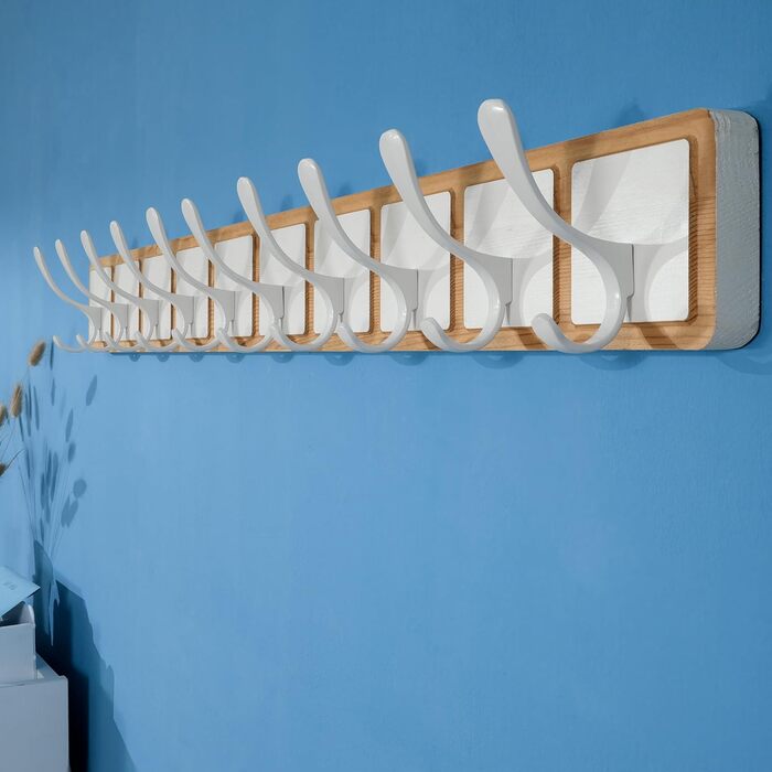 SKOLOO Coat Rack Wood - 44cm, Engraved Design, Sturdy Wall Hooks with 6 Hooks, for Hanging Clothes, Coats, Hats, Jackets, Scarves, Backpacks, Hook Rail Wood All White