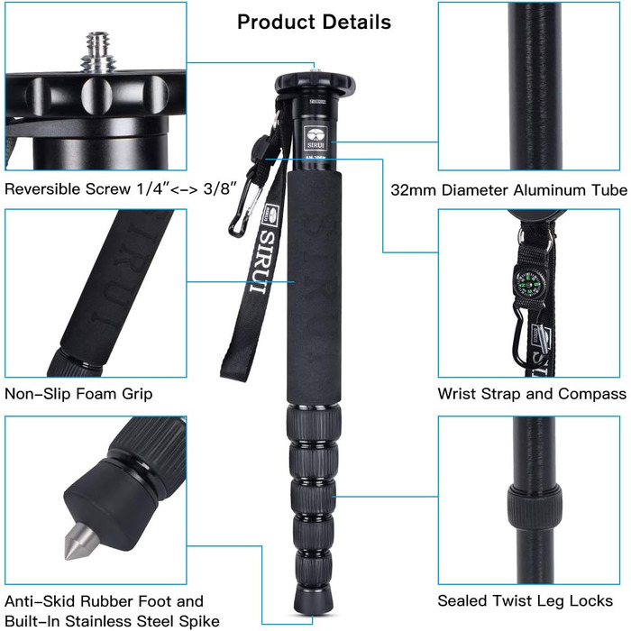 SIRUI AM-326M: Легкий карбоновий монопод - штатив 6 секцій, вантажопідйомність 10 кг