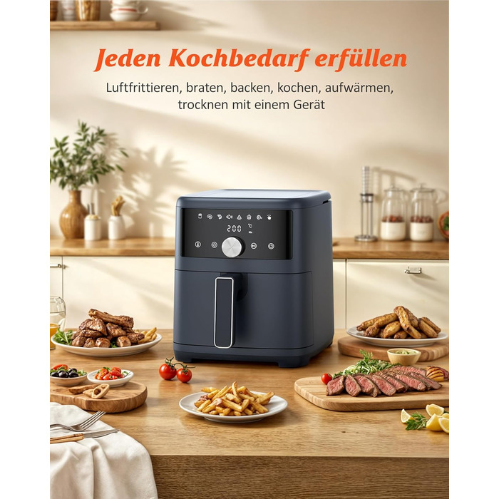 Аерофритюрниця Innsky 6 л, 8-в-1, електрична Heißluftfritteuse XXL, 1500 Вт, LED-сенсор, енергоощадна, тиха (50 дБ), для 3-5 осіб, сіра, квадратна, можна мити в посудомийці