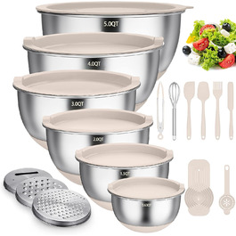 Mixing Bowl Set of 6, Stainless Steel Bowl Salad Bowl Set with Lid & Silicone Bottom, 3 Grater Attachments, 4.7l/3.8l/2.8l/1.9l/1.4l/0.6l, Non-Slip & Stackable - Khaki