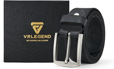 Шкіряний ремінь чоловічий VRLEGEND із натуральної шкіри для джинсів, ширина 3.8 см, чорний (розмір L: 125 см, 40W-43W) у подарунковій коробці