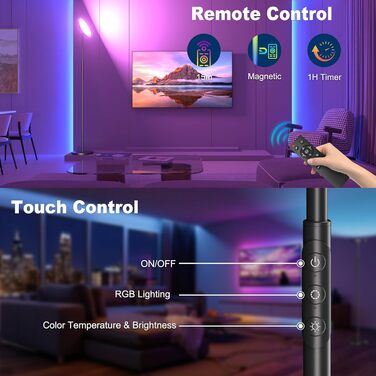 LED торшер, 42W, 16 мільйонів кольорів RGBCW, WiFi, керування через Alexa/Google Home, синхронізація з музикою, регульована яскравість, двосторонній, для вітальні та спальні (RGB-36W)