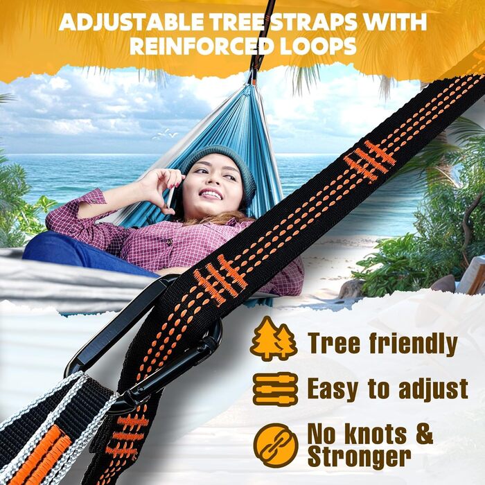 Гамак для кемпінгу NATUREFUN Ultraleicht | 300 кг, 275x140 см, дихаючий, швидковисихаючий, нейлон | 2 карабіни, 2 петлі | для дому, саду, відпочинку