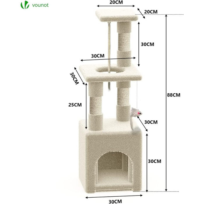Котячий будиночок Vounot Klein: стабільний котячий будиночок з платформою, печерою та сизалевими стовпчиками, 88 см, бежевий