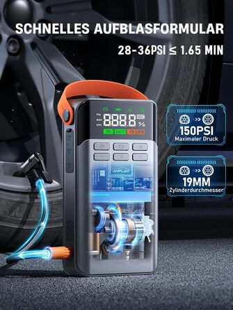 Powerbank для автомобіля з компресором 150PSI ANFLAG 5500A, стартер для бензинових та дизельних двигунів (12.0L), LCD дисплей, LED ліхтарик, подвійний USB, сірий