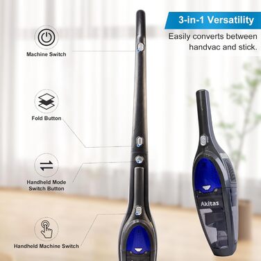 Акіта Бездротовий акумуляторний пилосос 3 в 1: ручний та вертикальний. Легкий, 22.2 В, 150 Вт, для підлоги, килимів, шерсті тварин. (AKU10)