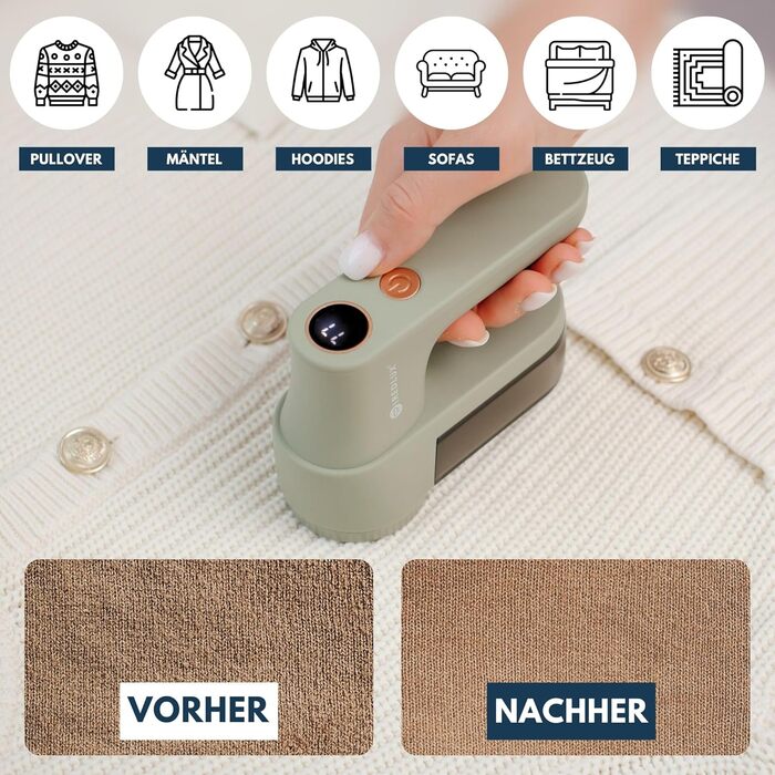 Електричний видалення ворсу та котушок для одягу – Fusselentferner з 3 швидкостями, LED-дисплеєм, USB-зарядкою, портативний пристрій з подвійним захистом (Sage)