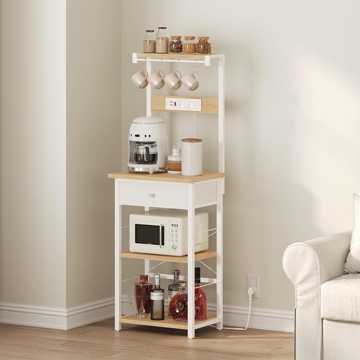 Полиця кухонна з розетками, стелаж для пекаря, підлоговий стелаж, 34 x 48 x 139 см, полиця для мікрохвильовки з ящиками, 4 гачки, для кухні, вітальні, їдальні, чорний/білий ABRHR48UE01