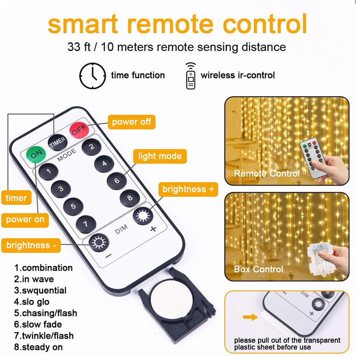 Ланцюжок прикрас Vicloon, 10м, 100 LED, з пультом та таймером, 8 режимів, IP65, теплий білий, для прикраси інтер'єру та екстер'єру, для святкування, 2 в 1 (USB & батарейка)