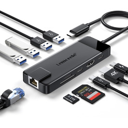 Lemorele USB-C Док-станція 10-в-1: Gigabit Ethernet, 4K HDMI, 4x USB 3.0/2.0, 100W PD, SD/TF, для MacBook/Dell/HP/Lenovo/Asus