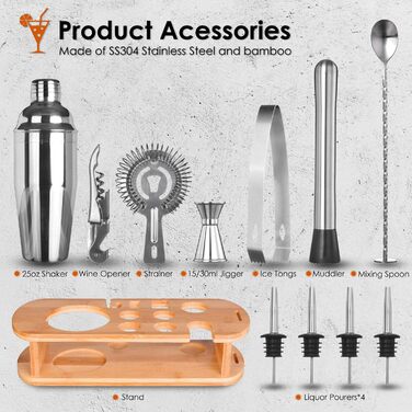 Набір шейкер для коктейлів Esmula 750 мл, 12 предметів, нержавіюча сталь, професійний барменський набір, комплект для приготування мартіні, стильний барний інструмент для дому, з книгою рецептів коктейлів (сріблястий)
