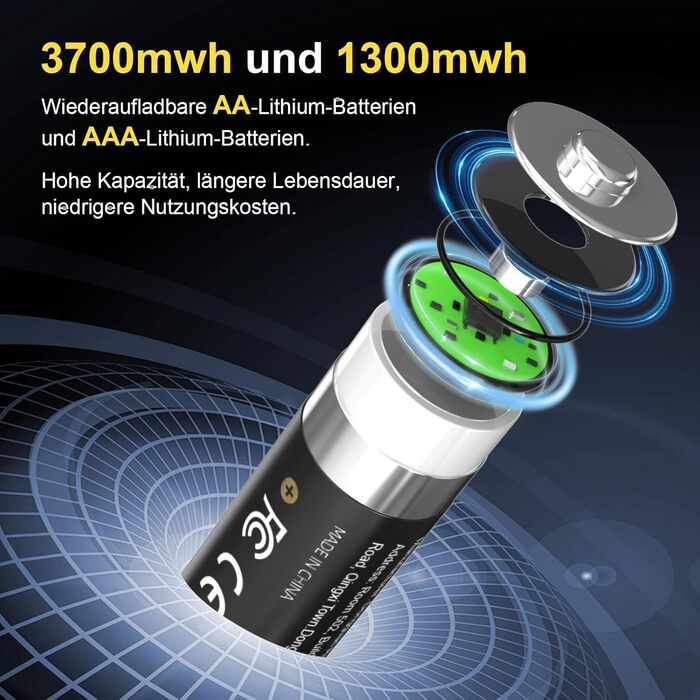 SURFOU Акумулятори Li-Ion 4xAA + 4xAAA з зарядним пристроєм, 1300 мАг, 1600+ циклів, 4xAA 3700мАг, 4xAAA 1300мАг