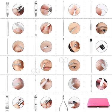 Набір для манікюру та педикюру 23 шт. Професійний набір для стрижки нігтів з нержавіючої сталі з подарунковою шкіряною сумочкою (Рожевий/Сріблястий)