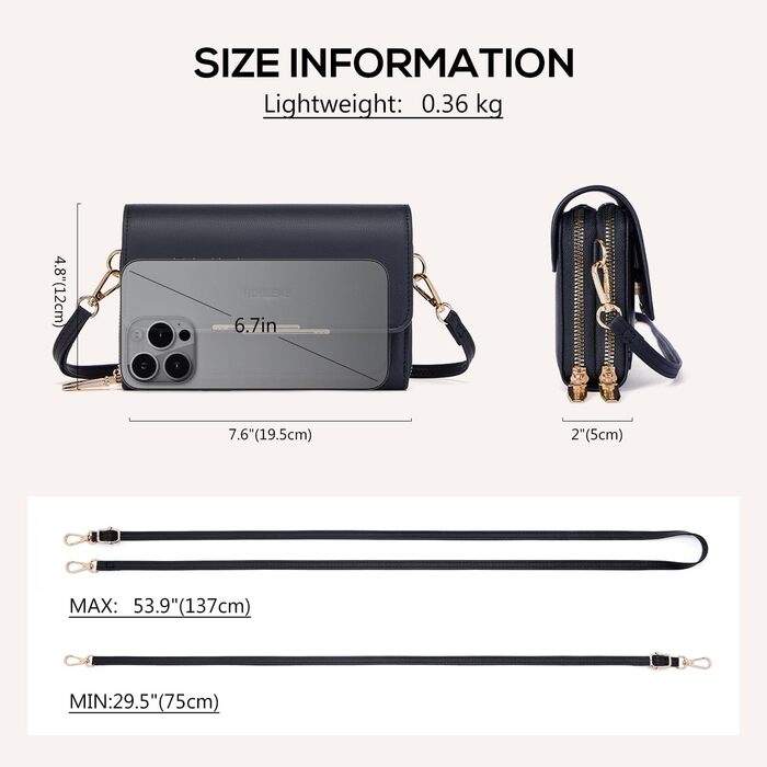 Сумка Roulens Klein через плече для жінок, чорна: невелика крос-боді сумка з екошкіри для паспорта та телефону, регульований ремінець