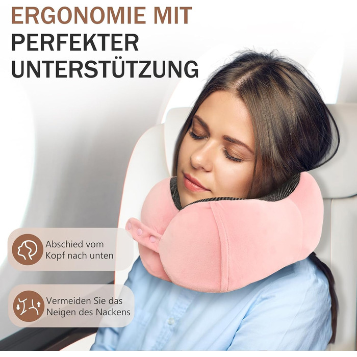 Подушка для шиї у літак, доросла, з піною з пам'яті, регульована, з маскою для сну та берушами, чорна (рожева)
