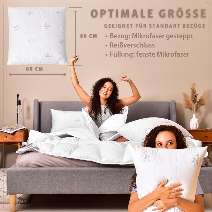 Подушка sei Design 80x80 см, 2 шт., мікрофібра, дихаюча, м'яка, регульована жорсткість, стьобана, прана, для сну