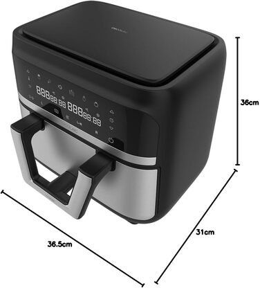 Cecotec Oil-Free Hot Air Fryer, 9L Cecofry Dual 9000 Air Fryer. 2850W, Digital and compact, Dual Temperature, PerfectCook Technology, possibility to split the bowl into 2 x 4.5L, 6 Modes Stainless Steel 1 Basket 9 Liters + Divider