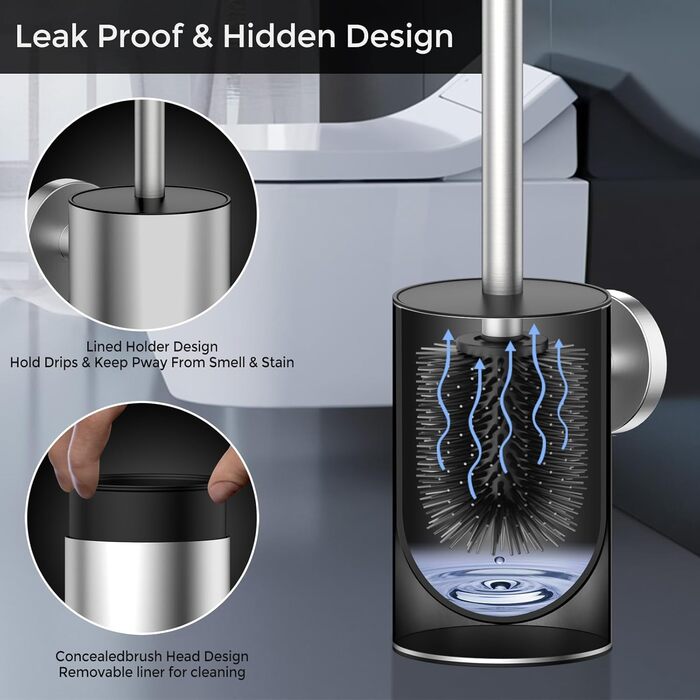 Набір для чищення унітазу WAVEWO з кріпленням на стіну, силіконова щітка та тримач, квадратна щітка з нержавіючої сталі 304, 2 насадки (кругла срібляста)