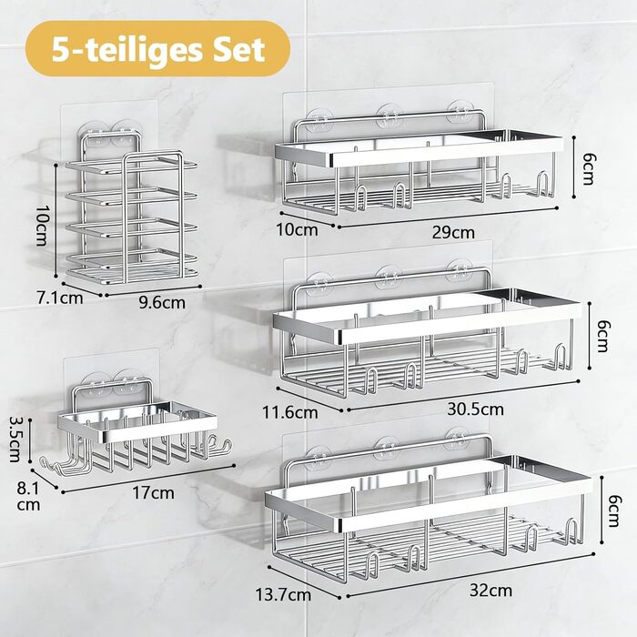 Підставка для душу без свердління, 5 шт. Тримач шампуню для душу з гачками, багаторазовий, самоклеючий, з нержавіючої сталі, органайзер для ванної кімнати, підходить для кухні, ванної, вітальні (сріблястий)