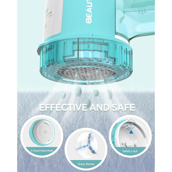 Електричний видальник пуху BEAUTURAL з 3 рівнями висоти та 2 швидкостями для різних тканин (Tiffany, від батарейки)