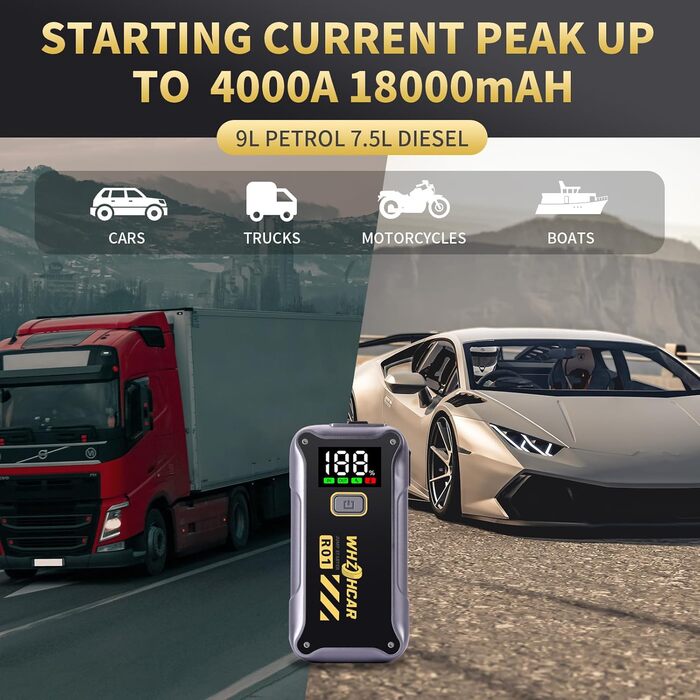 Powerbank Starthilfe 4000A: Портативний пусковий пристрій для авто 12V з LCD дисплеєм та LED ліхтариком. Запускає бензинові двигуни до 9.0L та дизельні до 7.5L. Підходить для SUV, мотоциклів, газонокосарок.