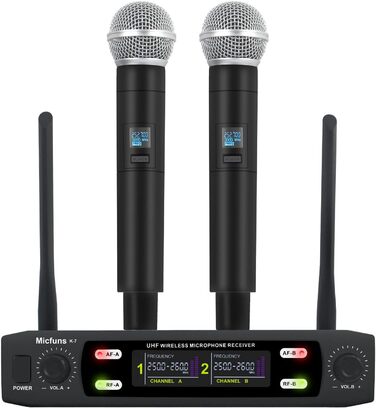 Мікрофонний комплект Micfuns K7 Professional: бездротові ручні мікрофони VHF 230-250 МГц для караоке, вечірок та мовлення. Дальність дії: 100 м