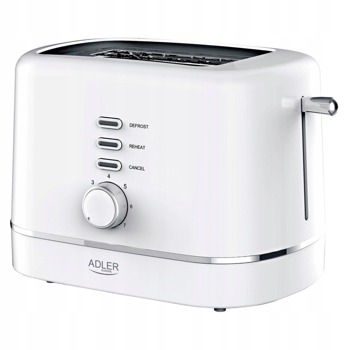 Тостер Adler, білий, 850 Вт, 7 рівнів просмаження, функція розморозування, з підставкою для булочок