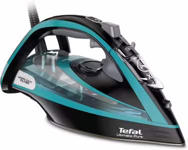 Парова праска Tefal Ultimate Pure FV9844, 3200 Вт, мікрофільтр від накипу, підошва Durilium Airglide Autoclean, авто-відключення, резервуар 0.35 л, чорна/синя
