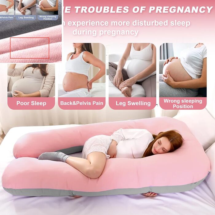 Подушка для вагітних Aevcvok U-подібної форми, подушка для годування, підтримуюча подушка, 140x70 см (Рожевий & Сірий, велюр)