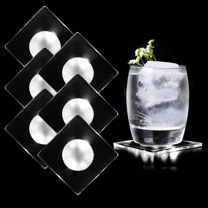 MEDOYOH Square Cool White LED Coasters for Drinks, ON/Off Switch Drink Coasters Set, Waterproof Coasters Glowing for Glasses Bottles Parties Weddings Bar Christmas (Cool White LED, 6-Piece Set)