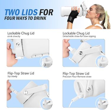 2L Glass Water Bottle with 2 Lids Flip and Tumble Lid 2 Liter Large Water Jug with Time Marker and Silicone Sleeve BPA-Free Leak-Proof for Sports Gym, (White)
