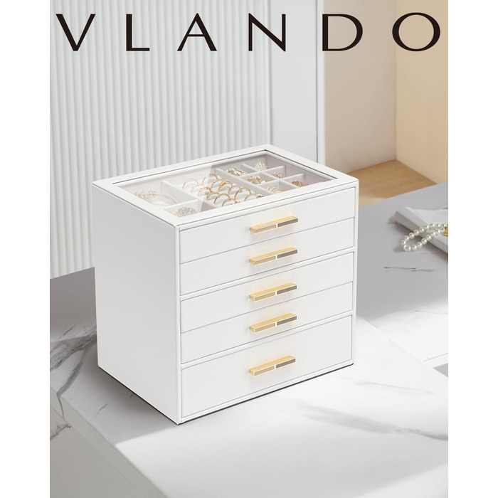 Шкатулка для прикрас Vlando - органайзер з 3 ярусами, 5 шухляд, з дзеркальним покриттям, білий
