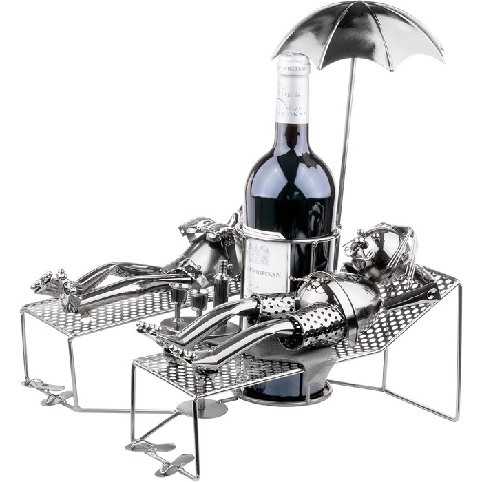 BRUBAKER Wine Bottle Holder - Loving Couple on Vacation - Metal Sculpture Bottle Stand, Reclining Couple Under Palm Tree - Silver Metal Figure Bottle Holder, Wine Gift for Vacationers with Greeting Card
