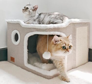 Large Cat Cave Bed for House Cats, Foldable Pet House, Cube with Scratch Pad, Kitten Cave, Cat Hideaway Cute Hut with Soft Cushion Mat, Beige, 43.2 x 43.2 x 33 cm