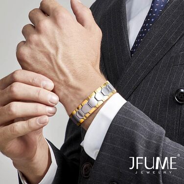Браслет на магніті JFUME для чоловіків, 18K позолота, подвійна срібна магнітна нитка, інструмент для зняття ланок, регульований 21.5 см