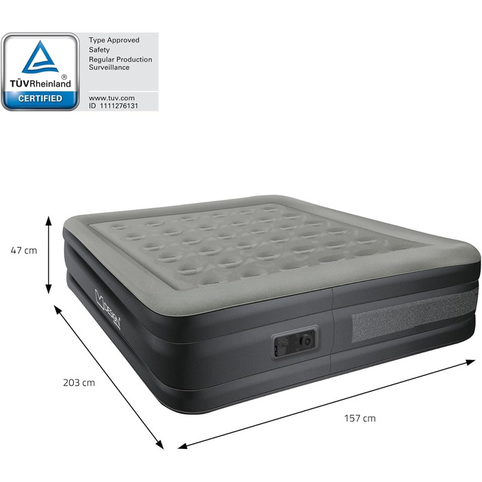 Надувна матрац 2 персони ML-Design 203x157x47 см сірий, сертифікат TÜV, самонадувний з електричною помпою 230V, для кемпінгу, гостьовий двоспальний матрац + сумка для перенесення сірий