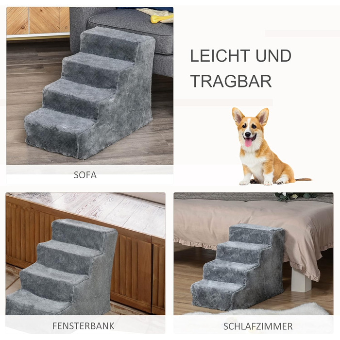 PawHut 4-Step Dog Stairs, 35cm Cat Stairs for Bed and Sofa, Pet Stairs for Dogs and Cats up to 5 kg, Plush Appearance (60L x 35W x 44H cm, Light Grey)