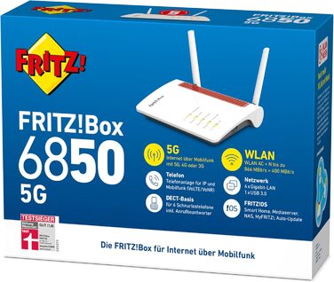 Роутер FRITZ!Box 6850 5G: Wi-Fi 866 Мбіт/с (5 ГГц), 400 Мбіт/с (2.4 ГГц), 4x LAN, DECT, USB 3.0, 5G