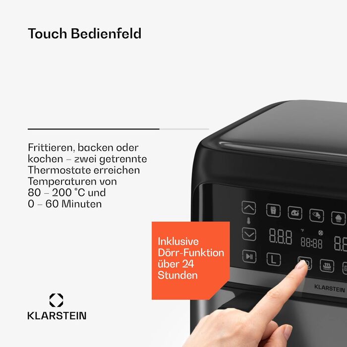 Klarstein Hot Air Fryer, Air Fryer with 2 Chambers, 2850W Compact Hot Air Fryer, 9L Air Fryer with Touch Control Panel, Timer, Preheating, 6 Modes, Large Hot Air Fryer, Air Fryer XL Black Duo Elegance