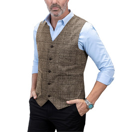 Оливковий костюм для чоловіків Olove-Uit: елегантний, в клітинку, з вовни та твіду, slim fit, для весілля (колір: коричневий, розмір: M)