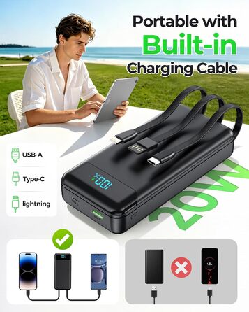 Power Bank Enerwow 27000mAh з USB-C кабелем, 4 порти, LED-дисплей - Зовнішній акумулятор для iPhone та інших пристроїв (Чорний, P300C)
