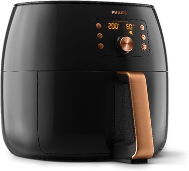 Philips Airfryer XXL with Rapid Air Technology - Hot Air Fryer with 7.3L Capacity, 90% Less Fat, Smart Sensing for Perfect Results, QuickClean, Recipe App, Black/Copper (HD9867/90)