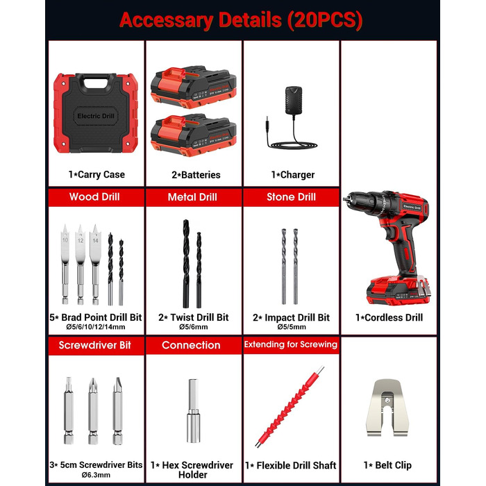Акумуляторний шуруповерт BETENST 21V з 2 акумуляторами 2.0Ah, 42Nm, 25 моментів, 2 швидкості, LED-ліхтик, 30-ти елементний набір для дому та саду, DIY проєкти