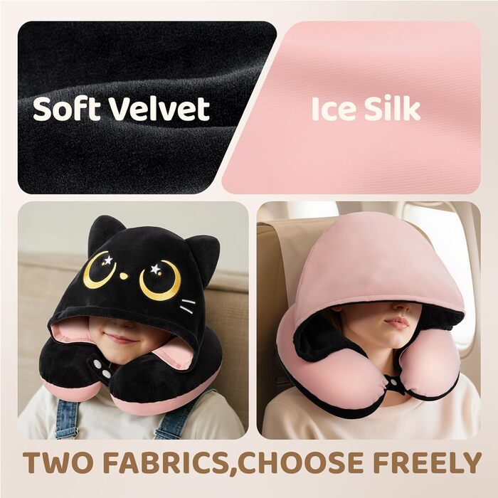 Подушка для шиї Mewaii для подорожей, двостороння подушка для дорослих, подушка для шиї з memory foam для літаків, подушка для шиї з котячою капюшоном, регульований ремінь (Рожева)