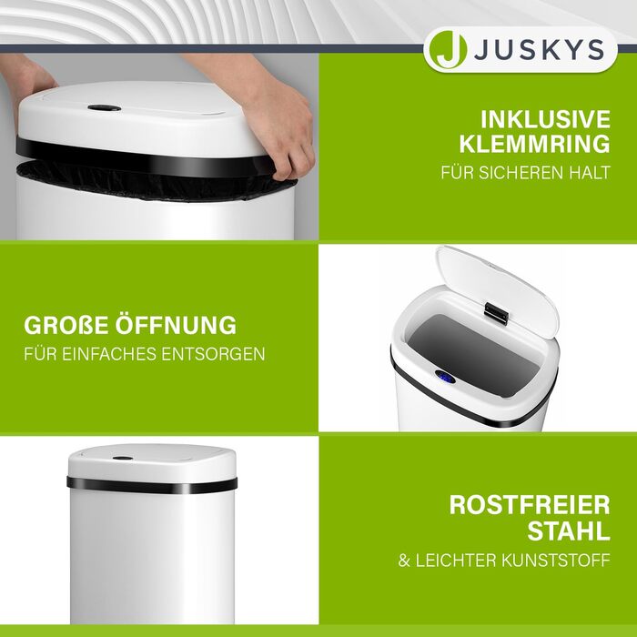 Відро для сміття Juskys з датчиком руху, 60л, біле - кутовий контейнер з кришкою та кільцем для пакетів, нержавіюча сталь, безконтактне відкривання